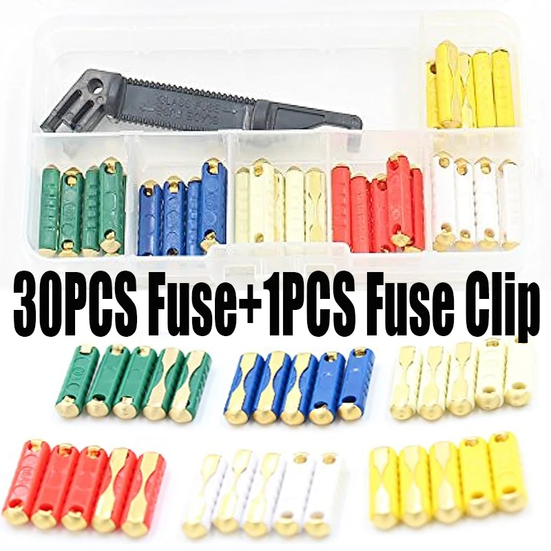 30PCS Torpedo Fuse 5A 8A 16A 20A 25A 30A Classic Car Auto Fuses Ceramic Continental Car Fuse Torpedo Bullet+1PCS Fuse Clip Black