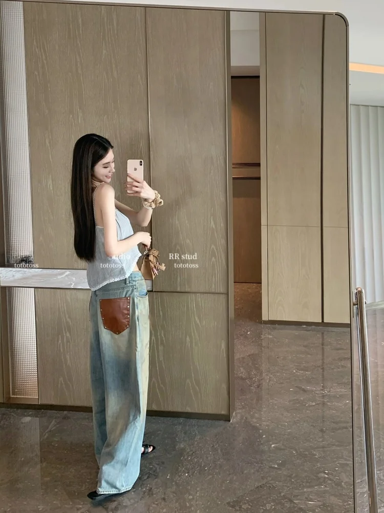 

Retro Distressed Denim Wide Leg Pants High Waist Cotton Casual Style Zipper Closure Loose Fit Women's Jeans Spring Summer