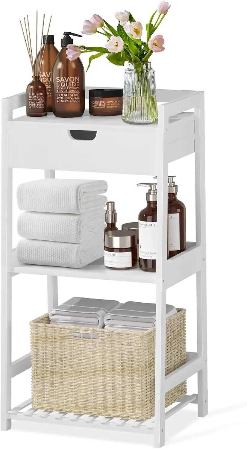 

3 Tier Bamboo Ladder Shelf with Drawer - Space-Saving Storage for Bathroom, Kitchen, Living Room & Office