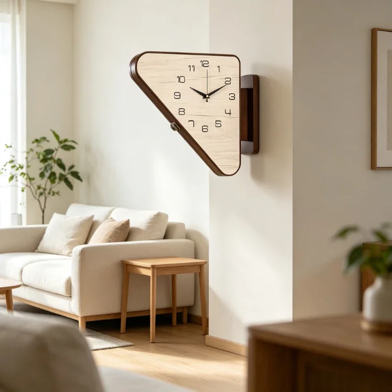Triangular Silent Wooden Timepiece for Home,Corner Double-Sided Wall Clock,  Background Decor Accent for Living Room & Hallway