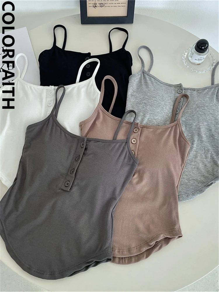 Colorfaith V9466ZS 2024 Buttons Sexy Bottoming Bra Padding Elasticity Vests Women Spring Summer Tank & Camis Crop Short Tops