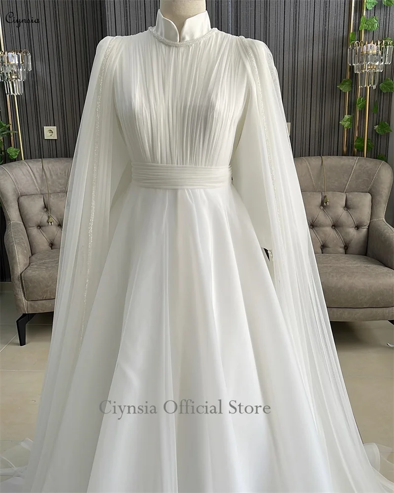 Ciynsia Customized Robe De Mariée Arabic Muslim Long Sleeve Wedding Dress with Cape Hijab Bridal Gowns Chiffon Pleated High Neck