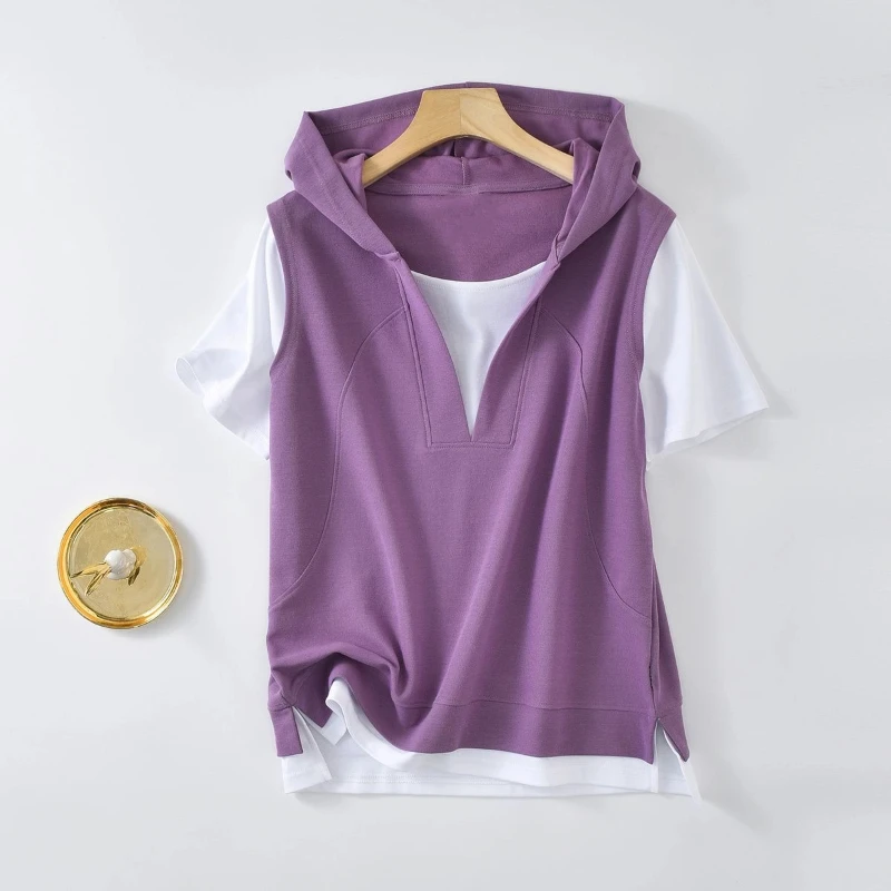 

Летние новые свободные модные футболки с коротким рукавом, винтажная мужская одежда, имитация двухслойных топов с капюшоном, контрастные лоскутные повседневные топы