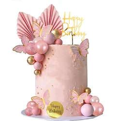 Happy Birthday Cake Topper Butterfly Balls Cake Decorations for Baby Shower Wedding Birthday Boho Party Supplies