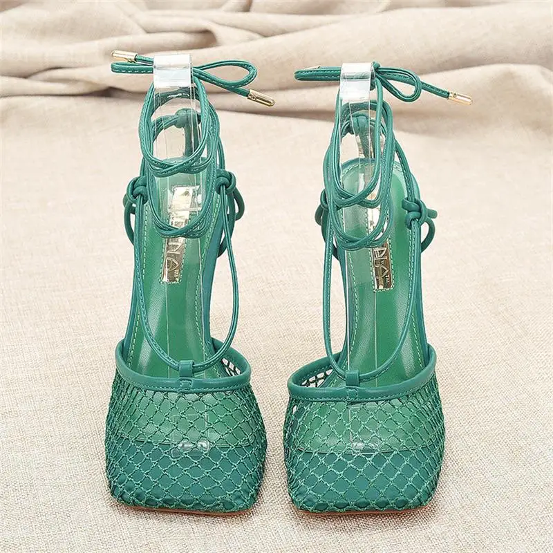 Mesh Knot Sexy Green Oversized Ultra-High Slender Heel Cross Thin Strap Strap Wrapped Sandals For Women