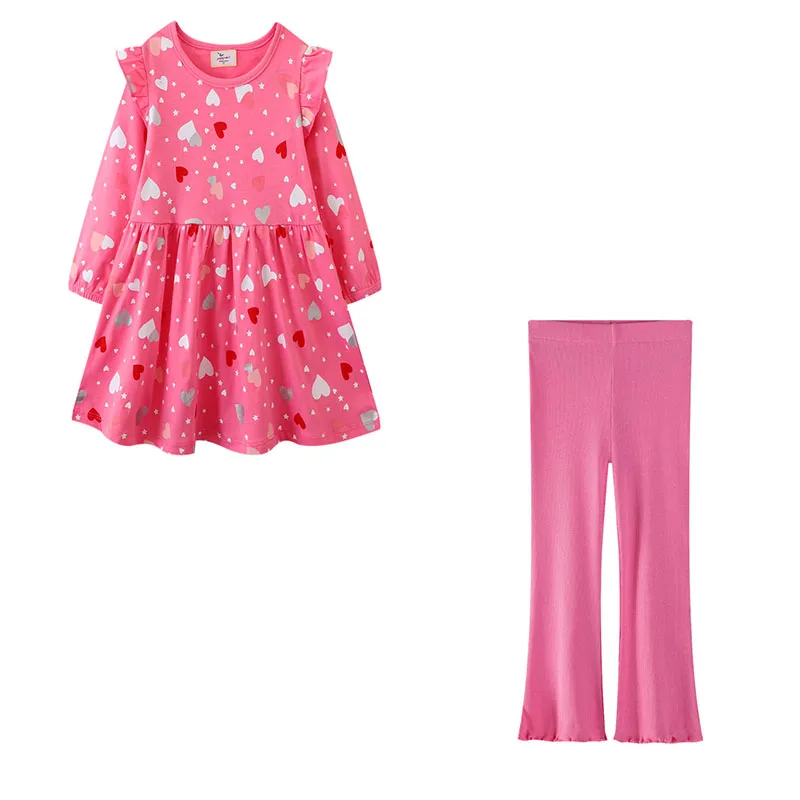 Jumping Meters Long Sleeve 2 Pcs Dresses + Leggings Children's Clothing Sets For Autumn Spring Hearts Printed Kids Outfits Sets