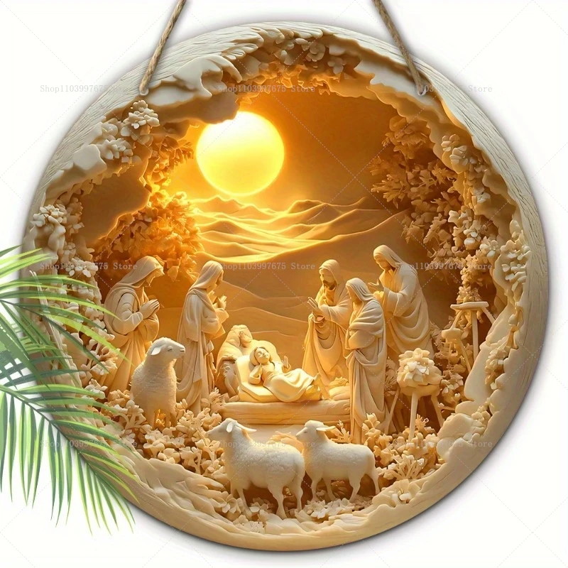 1pc 2D Nativity Scene Wooden Sign Religious Relief Effect Design Jesus Born Wreath Sign for Church Front Door Wall Hanging Decor