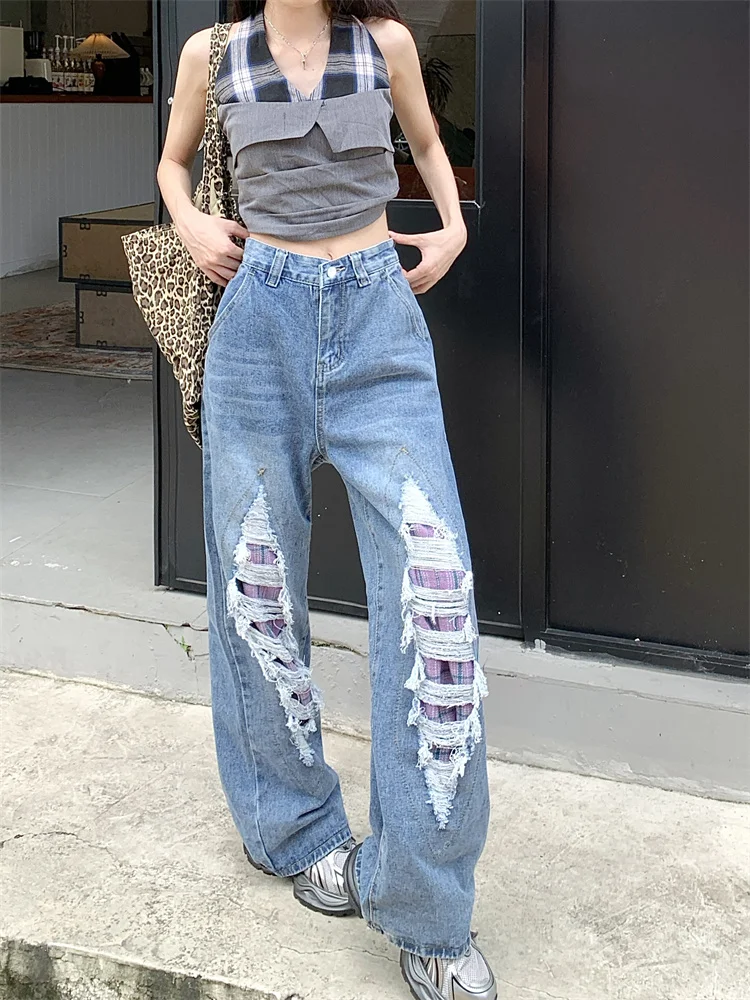 

Women's Grid Patchwork Perforated Jeans Cool Girl Street Fashion Straight Distressed Pants Female High Waist Denim Trousers