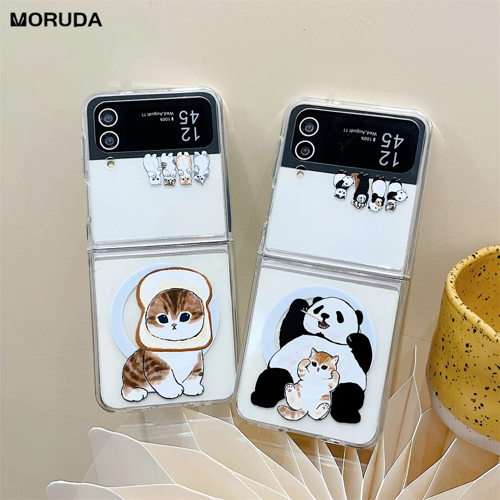 Cute Panda Case For Samsung Z Flip 5 4 3 6 Lovely Cat Magsafe Cover For Galaxy Z Flip5 Z Flip 4 3 PC Hard Shockroof Clear Cover