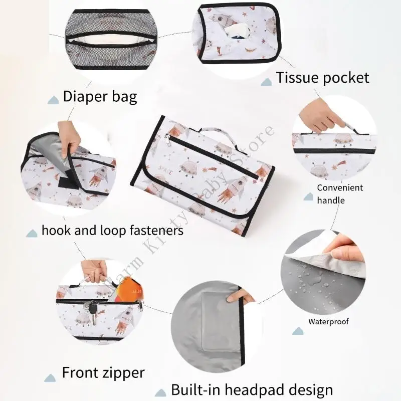 New Waterproof Folding Baby Changing Pad Travel Portable Print Baby Diaper Changing Mat with Multiple Pockets