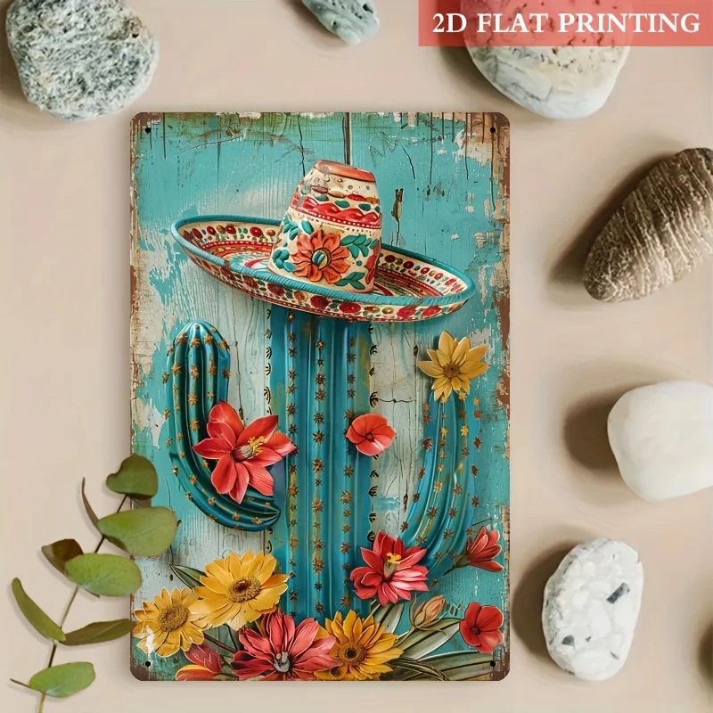[2D Flat] Vintage Cactus Metal Tin Sign with Sombrero - Rustic Teal Blue Wall Art, 20.32x30.48 cm, Colorful Floral Design, Indoo
