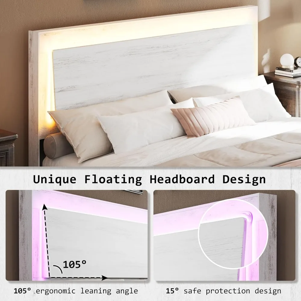 إطار سرير خشبي كامل الحجم مع ضوء RGBW LED، سرير بمنصة حديثة لمنتصف القرن مع لوح رأسي عائم وأرجل من الخشب الصلب، بدون Bo