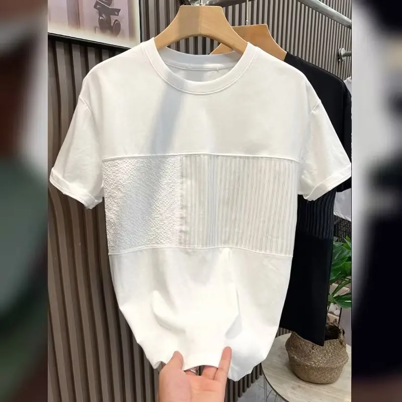 T-shirt patchwork à col rond pour hommes, chemise à fond, style jeune, décontracté, tout match, demi-manches, t-shirt tendance, été