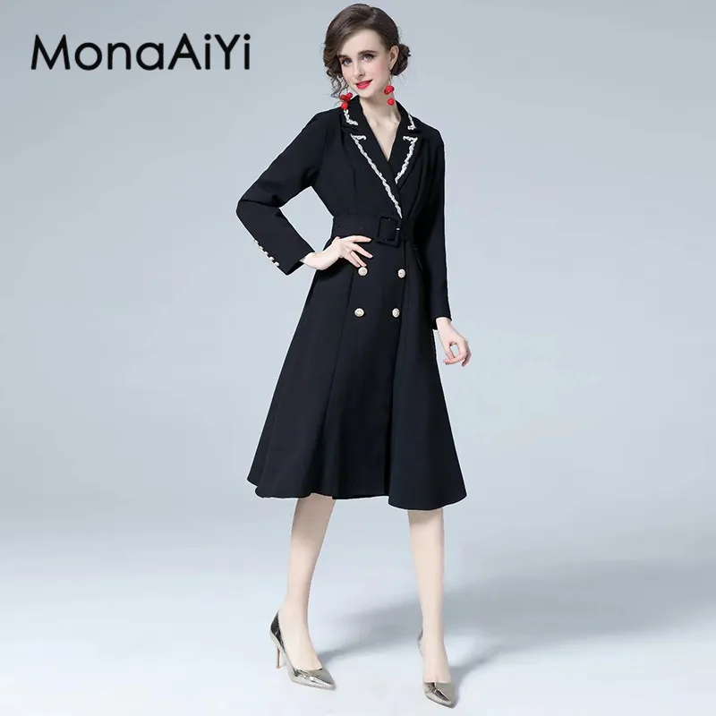 MonaAiYi Fashion Design autumn Women's Dress Notched Collar Long sleeve Lace-Up Pocket Commuter Black Dresses