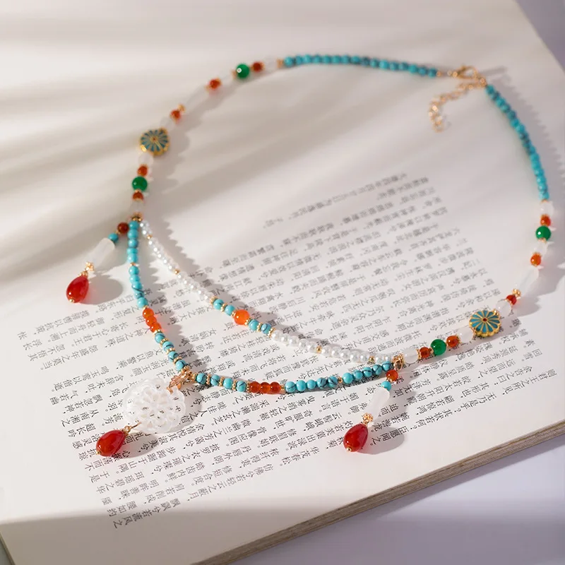 Vintage Chinese Style Double Layer Turquoise Bamboo Beaded Necklace Hollow Flower Dangle Pendant Hanfu Retro Jewelry For Women