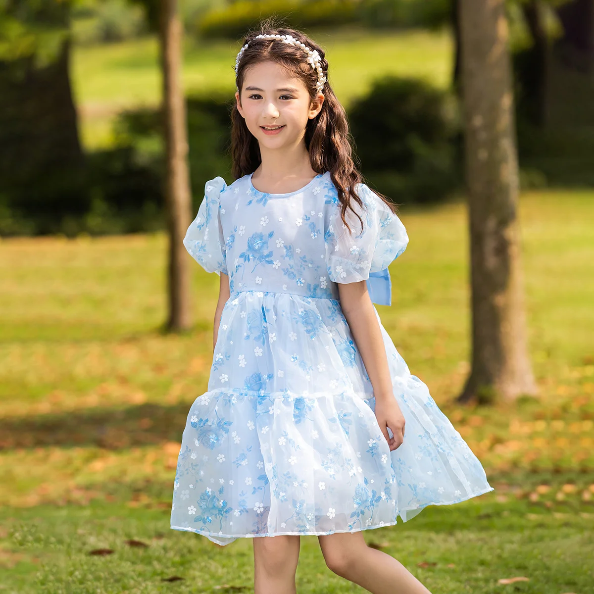 

Baby Girls Light Blue Summer Dresses Short Sleeve Bowknot Gauze 4T 11yrs Kids Wedding Birthday Party Princess Dress Fashion Wear