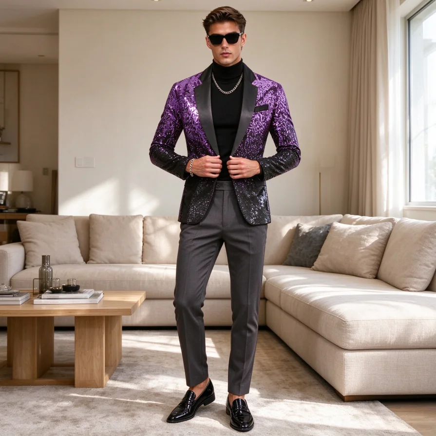 Blazer Men suit Coat Lapel Blazers One Button Long Sleeve Gradient Evening bussiness Sequins Slim Fit Banquet Jacket Autumn 2026