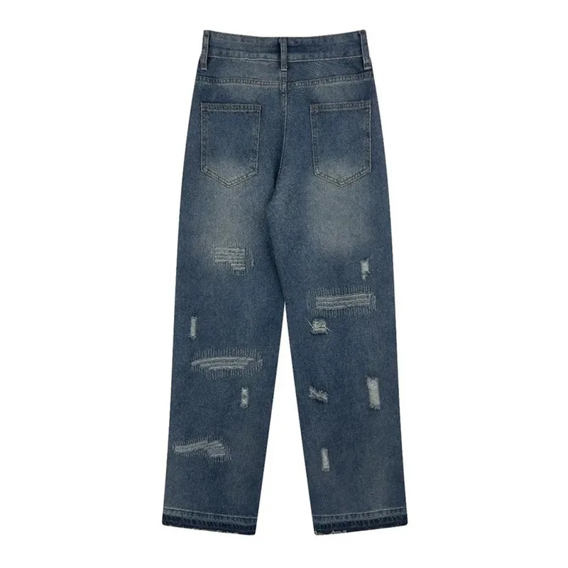 Blue High Street Jeans Men's Solid Color Hole Do Old Straight Leg Pants Loose Button Pockets Y2K Trousers