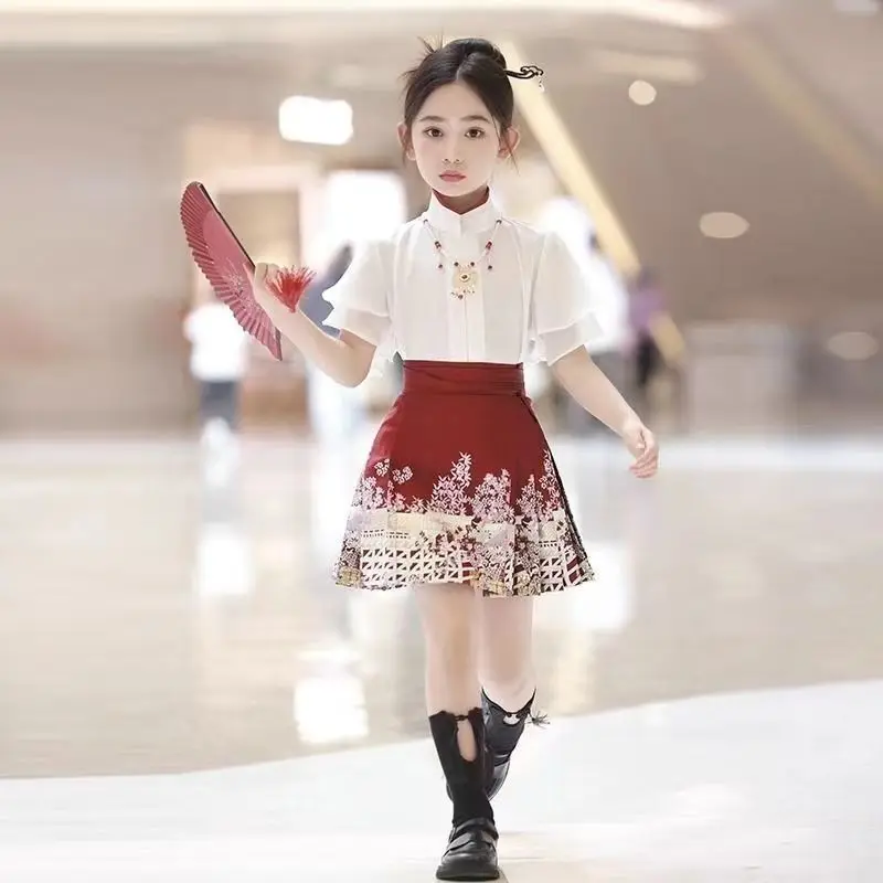 

2025 Children's Hanfu New Horse Face Summer Thin Style Chinese Girls' Short Skirt Hanfu Top Horse Face Skirt 2-piece Set LF962