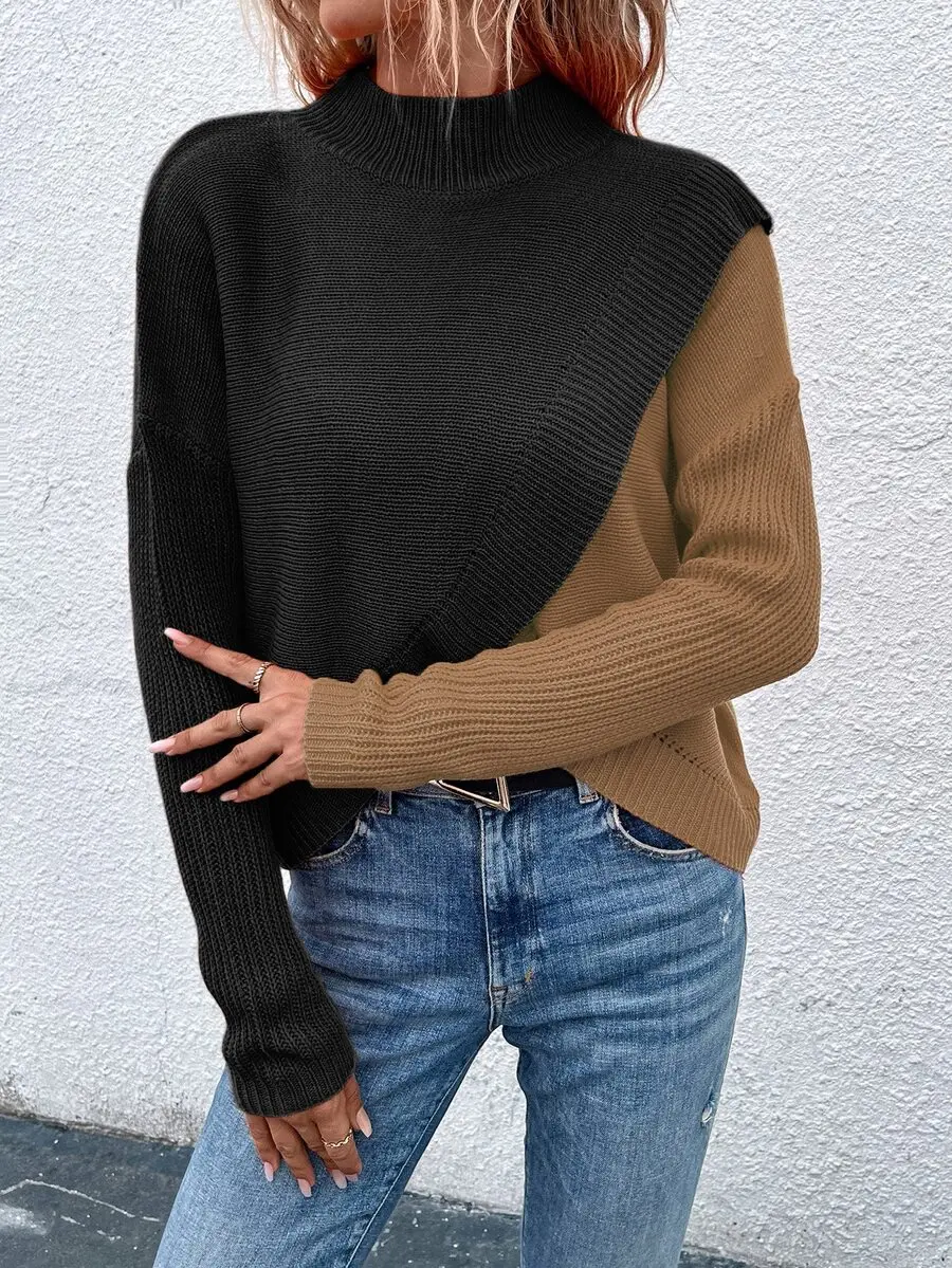 سترة نسائية فضفاضة ذات لون سادة وياقة واقفة وأكتاف منسدلة وأكمام طويلة وحاشية غير متماثلة، للخريف/الشتاء #6