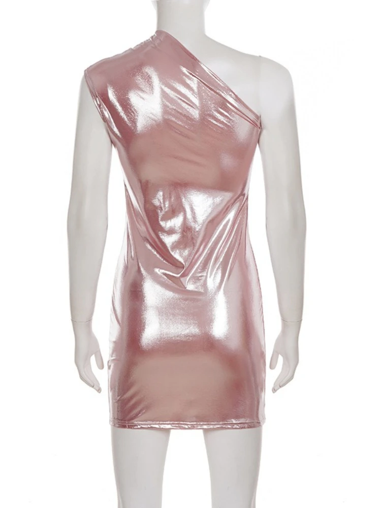 SsTss レディース セクシー シャイニー コーティング アシンメトリー ワンショルダー ボディコン ミニドレス、ソリッドカラー ノースリーブ スリム ボディコン ミニ パーティードレス