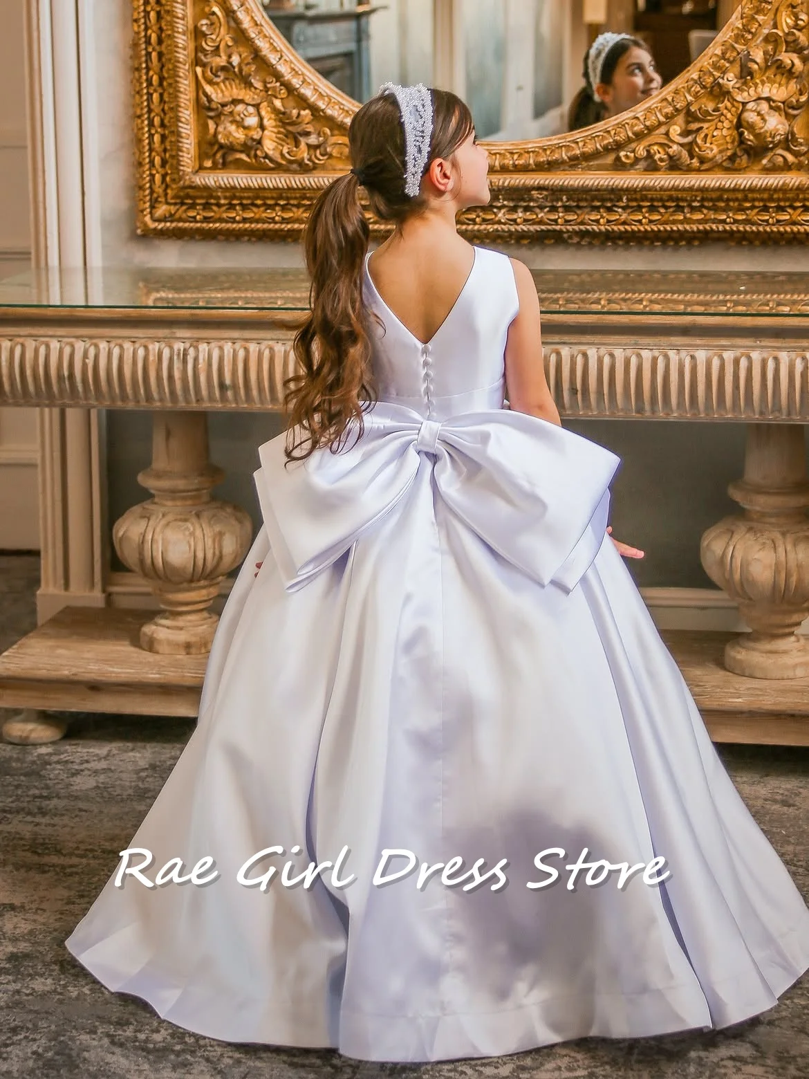 Satin Flower Girl Dress Sleeveless Round Neck A Line Floor Length Gown Side Big Bow First Communion Wedding Formal Gowns