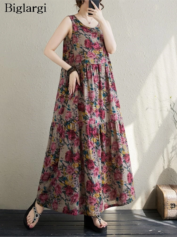 

Oversized Flower Floral Print Summer Sleeveless Vests Dress Women Loose Ruffle Pleated Fashion Ladies Dresses Casual Woman Dress