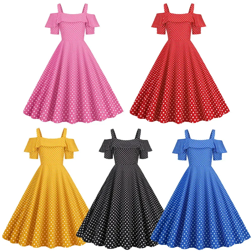 

Women Polka Dot Vintage 50 60s Dress Rockabilly Swing Ladies Fashion Summer Party Cocktail Dresses Elegant Vestidos