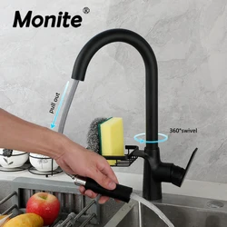 Monite Kitchen Sink Faucet Deck Mounted Pull Out With 360°Swivel Two Water Outlet Modes With Net Basket Storage Rack Mixer Taps