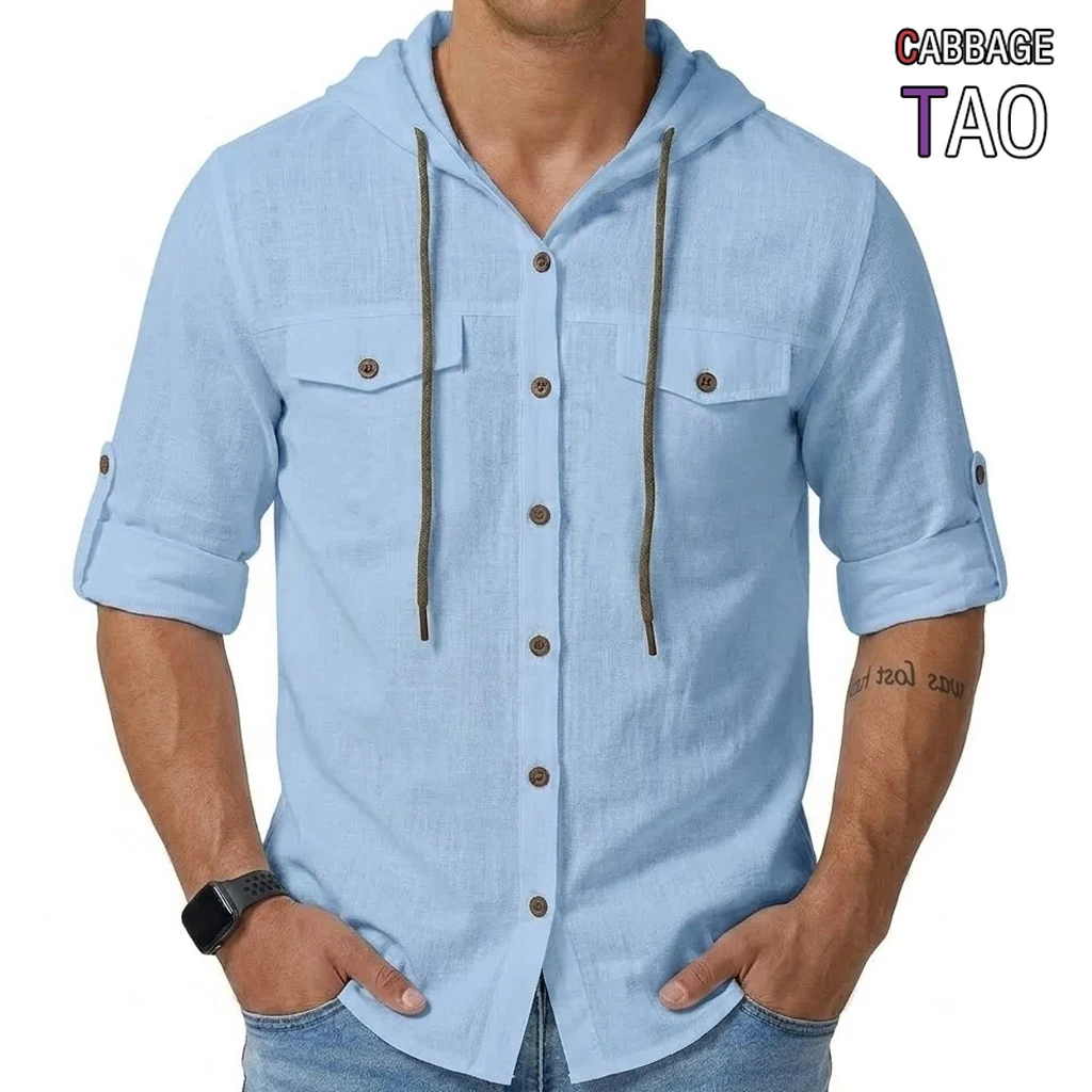 Mens New Casual Linen Henley Shirts Long Sleeve Summer Beach Hawaiian Tops Lightweight Sporty Button Hooded Tees for Modern Men