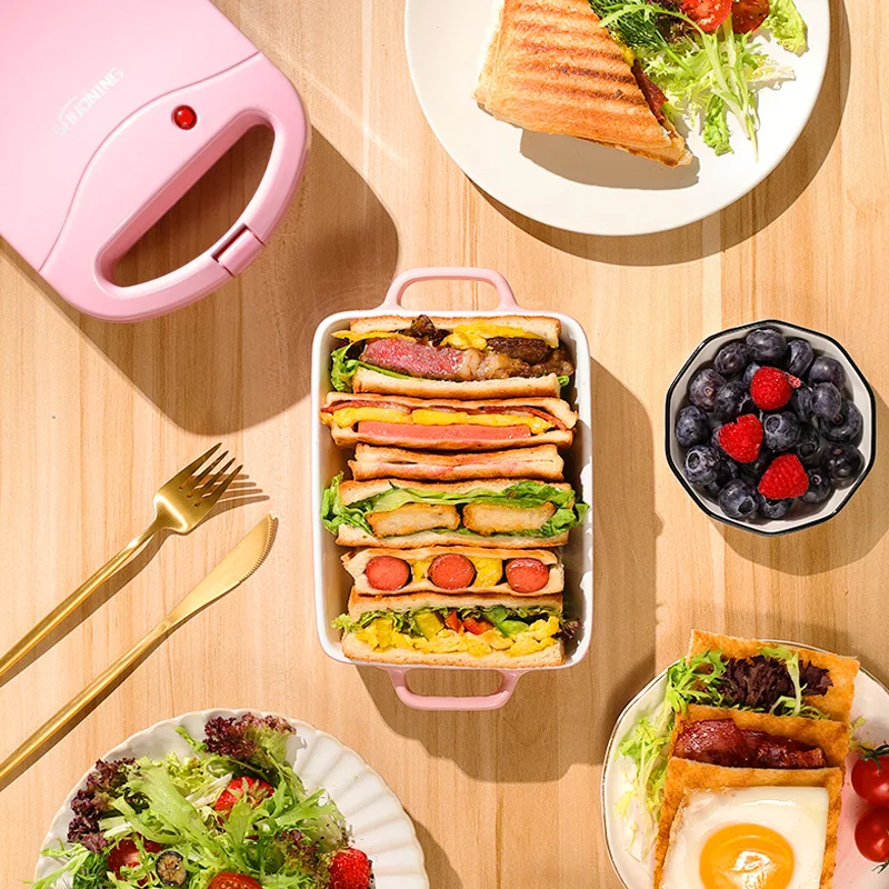 Sandwichera eléctrica portátil para el hogar, máquina multifuncional antiadherente para desayuno, sartén para hornear gofres, olla de Color rosa y