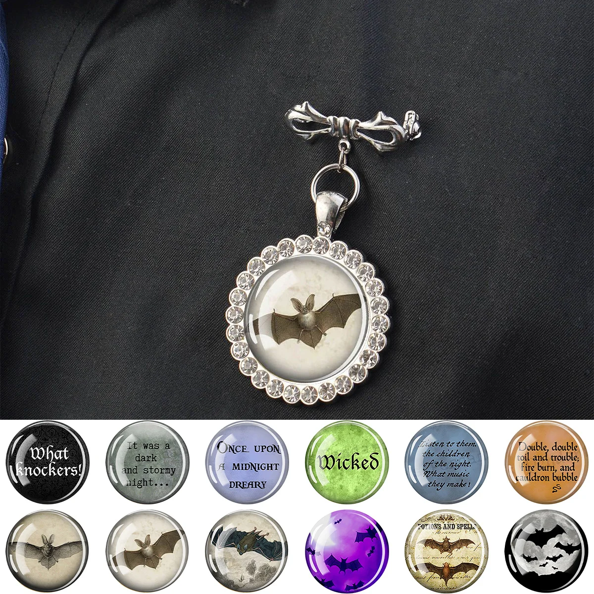 1PC Halloween themed bat and manifesto patterned glass brooch with synthetic zircon trim, suitable for holiday party gifts.
