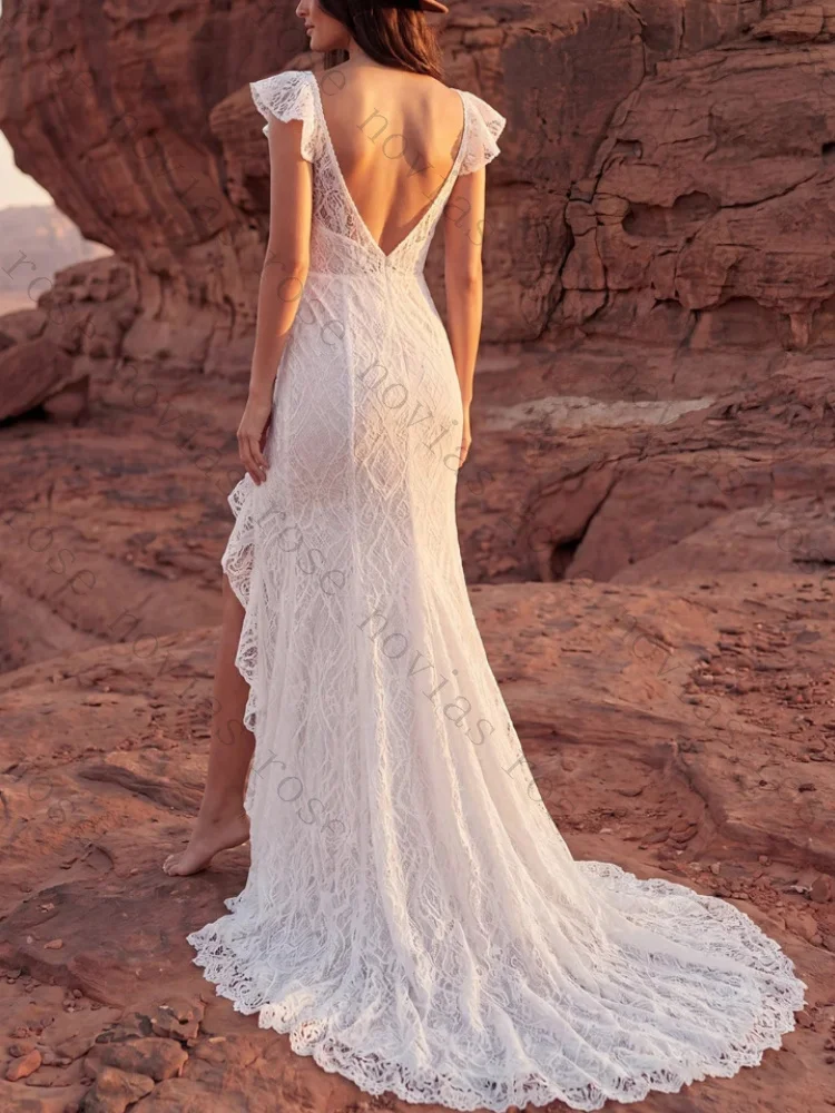 Customized Sexy Ivory Lace Mermaid Ruffled Wedding Dresses Elegant Backless Side Slit Evening Dress High Quality Prom Party Gown
