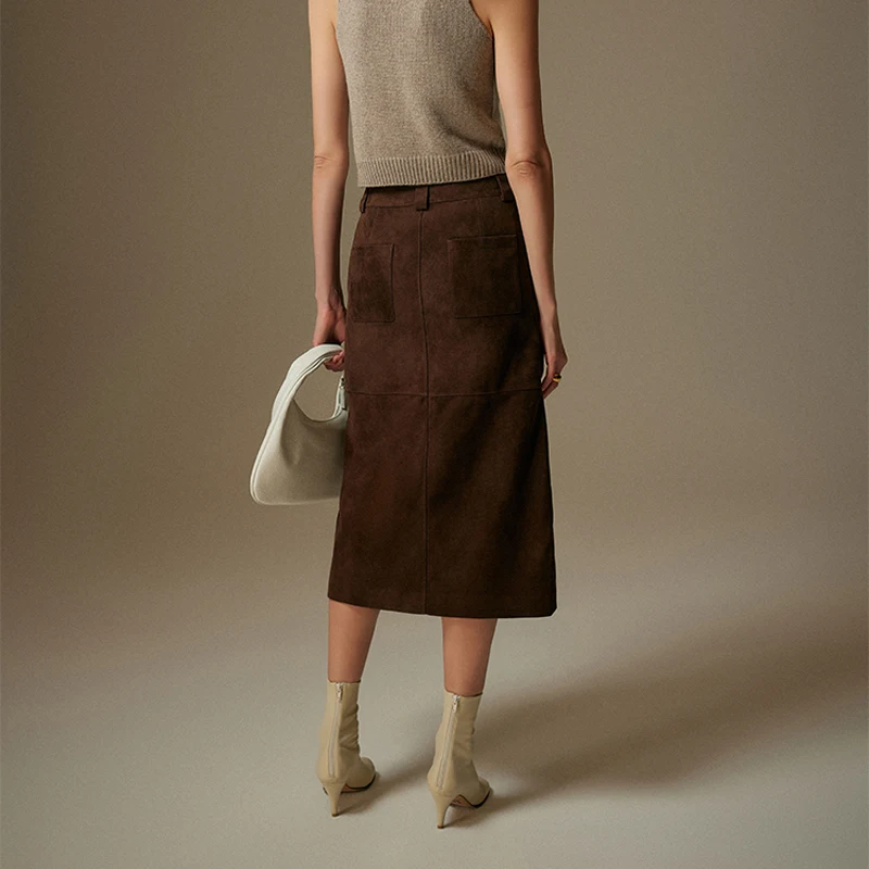 Vintage Brown Genuine Sheepskin Leather Skirt for Women 2024 New Fashion Ladies Front Split High Waist Sheepskin Suede Skirts