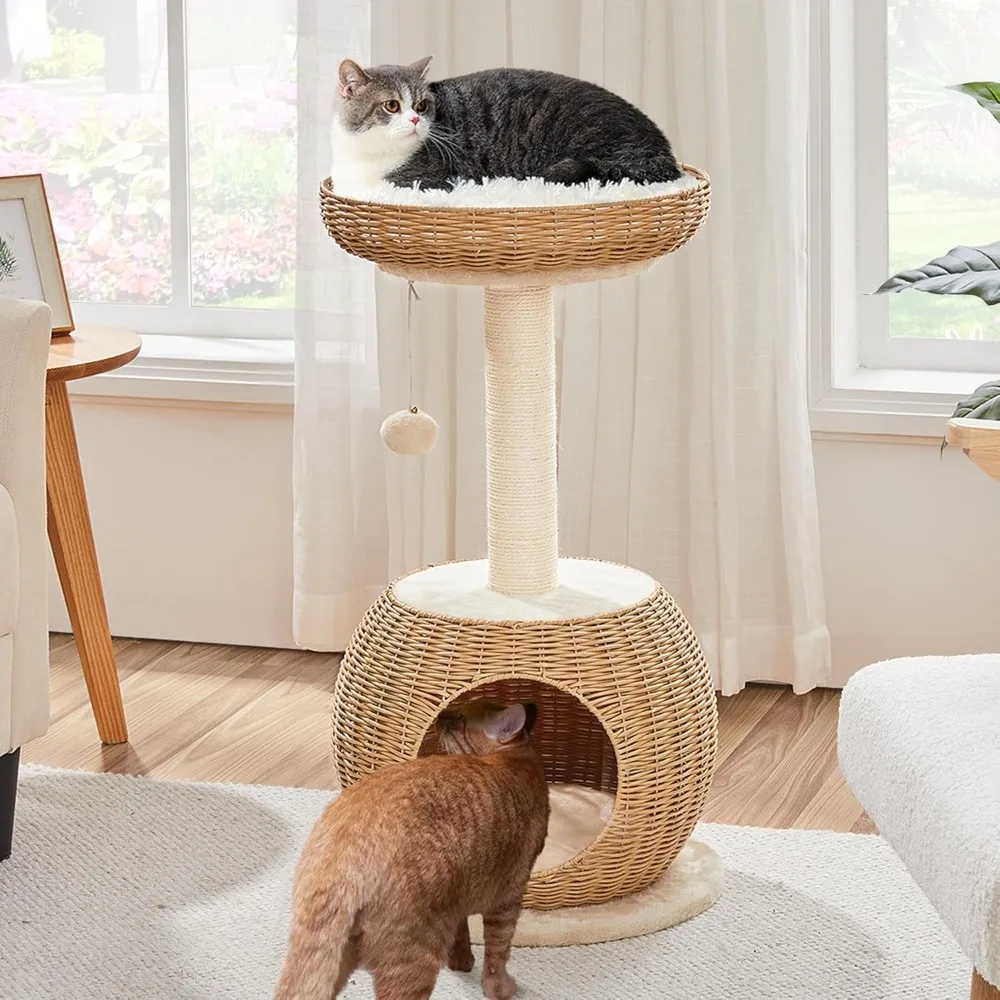 

29.5in Rattan Cat Climbing Tower for Indoor Cats w/Scratching Post, Woven Rattan Cat Condo and Soft Cushion Top Perch