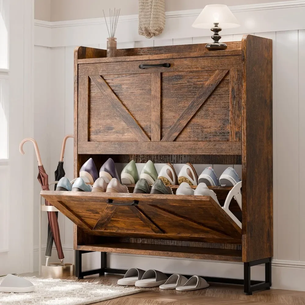 

Shoe Storage Cabinet with 2 Flip Drawers, Freestanding Shoe Rack Cabinet with Metal Legs