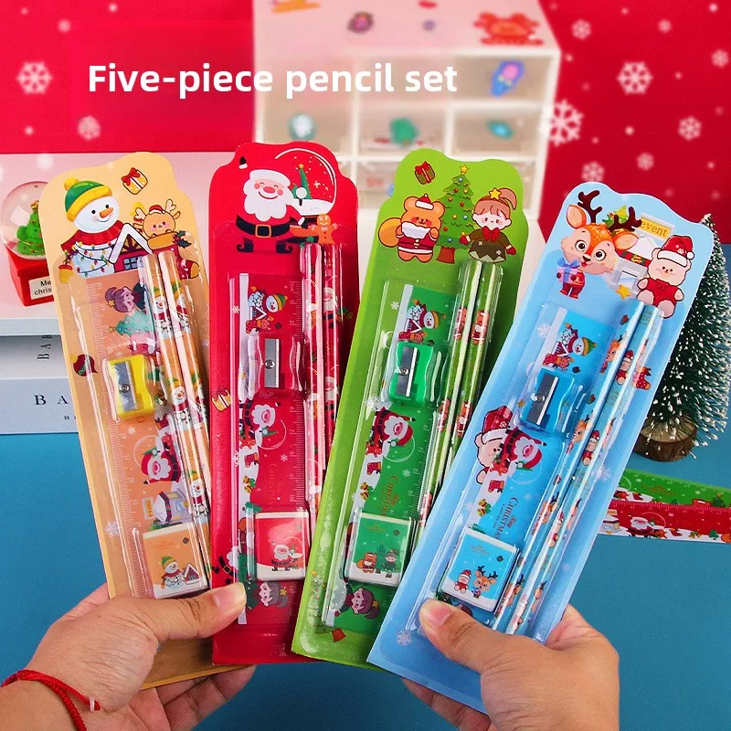 12 Pcs Cartoon Christmas Suction Card Five-piece Set Children's Drawing Five-in-One Sketch Eraser Pencil Stationery Set Prizes