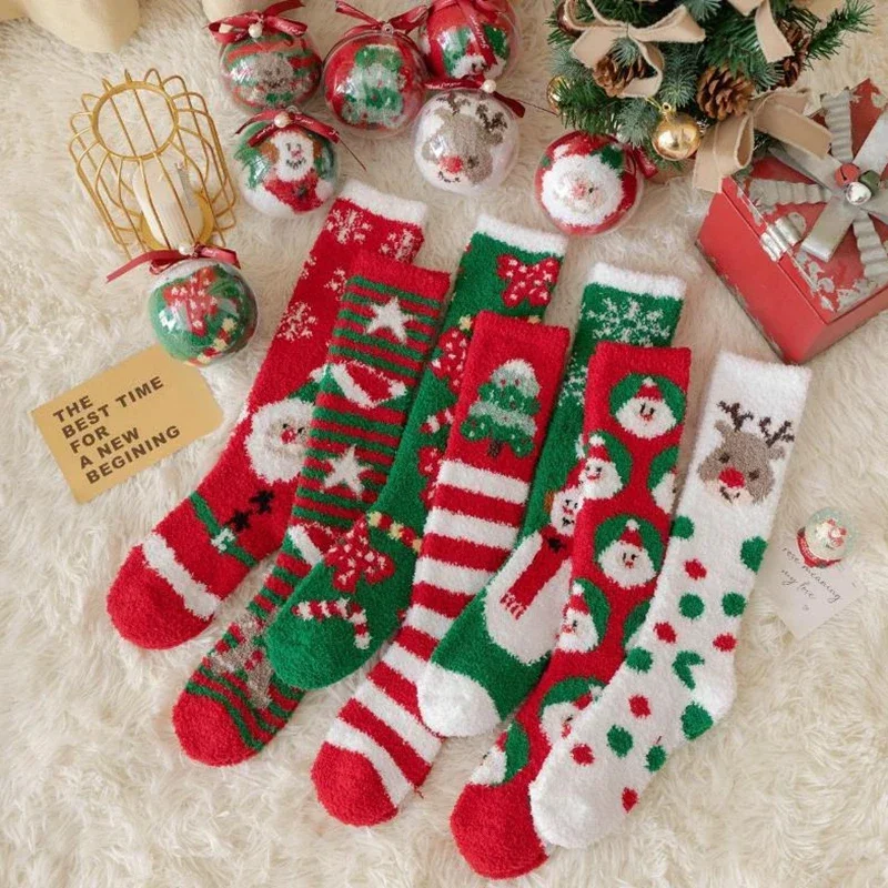 Christmas Stocking Women's Long Coral Velvet Warm Thick Floor Sleeping Socks Snowflake Deer Tree Gift Socks Tall Socks Green