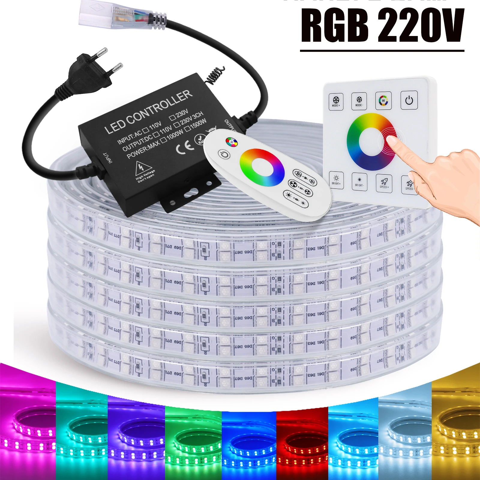 120Leds/M AC 220V RGB LED Strip Waterproof With Touch Remote SMD 5050 Garden Bedroon Kitchen Decor Flexible Ribbon Tape Lights