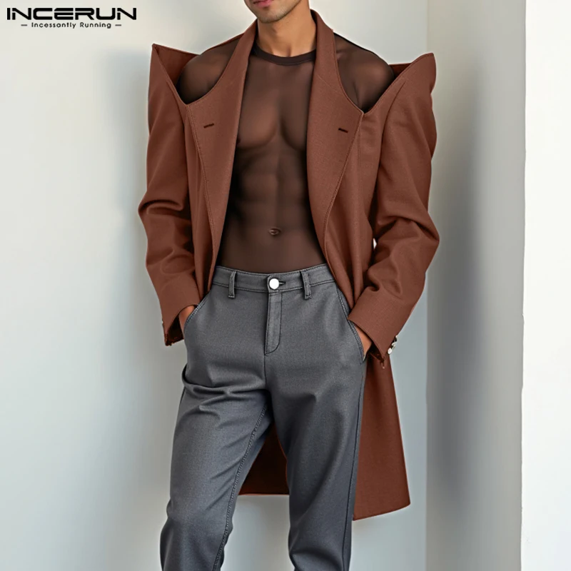 INCERUN Tops American Fashion Men Shoulder Hollow Medium Long Suit Coats Casual Streetwear Solid Personality Long Sleeved Blazer