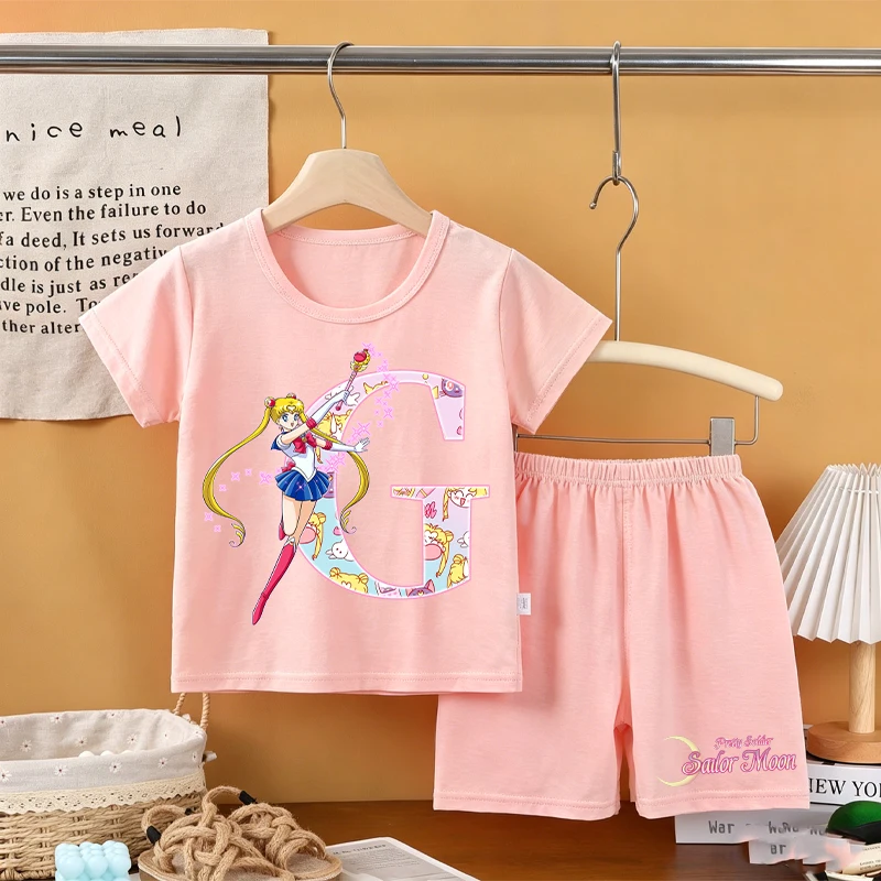 Conjunto de Pijama de Sailor Moon para Niñas, Pantalones Cortos con Letras A-Z, Ropa de Dormir para Niñas, Ropa de Verano para el Hogar, Tops y Pantalones para Niños, Regalo