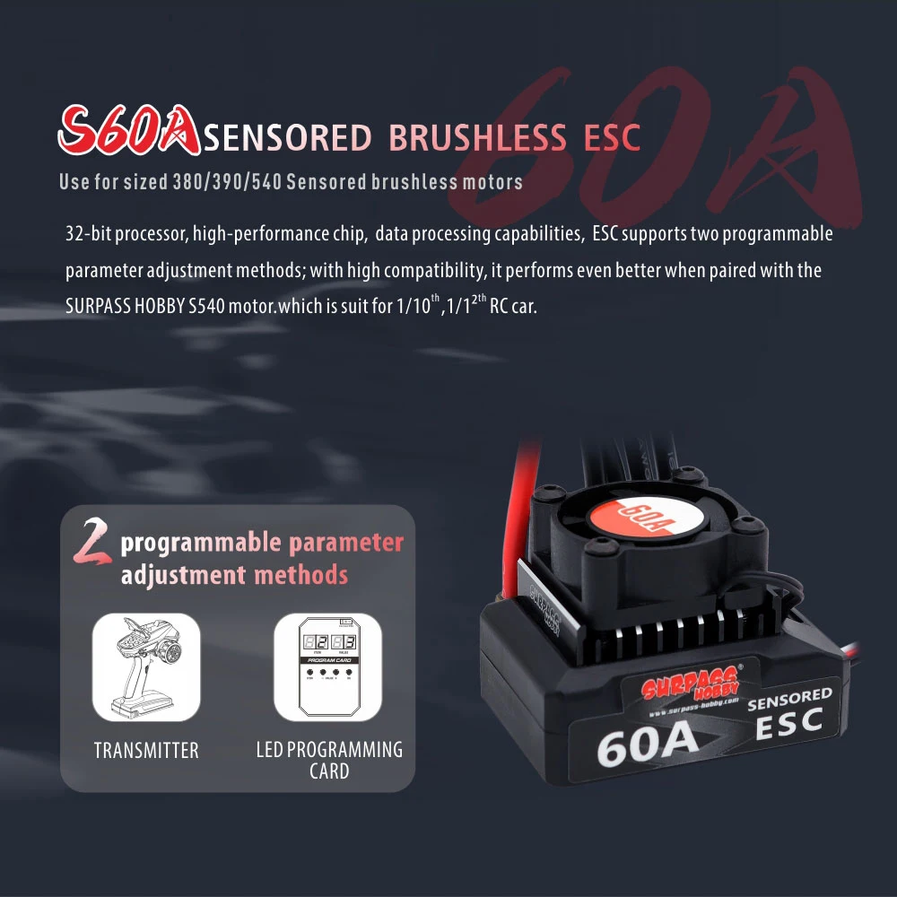 SURPASSHOBBY Brushless ESC 60A Regolatore di Velocità Elettronico Sensored 6V/3A BEC Per 1/10 1/12 RC Auto Per 380 390 540 Motori