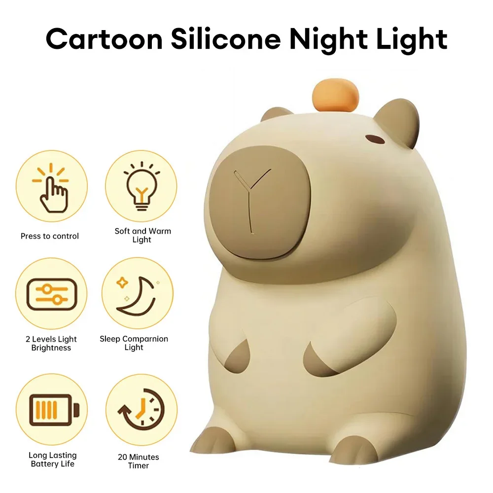 

Capybara Cute Cartoon Silicone Night Light USB Rechargeable Touch Control Timing Dimming Sleep Bedside Nightlight Birthday Gifts