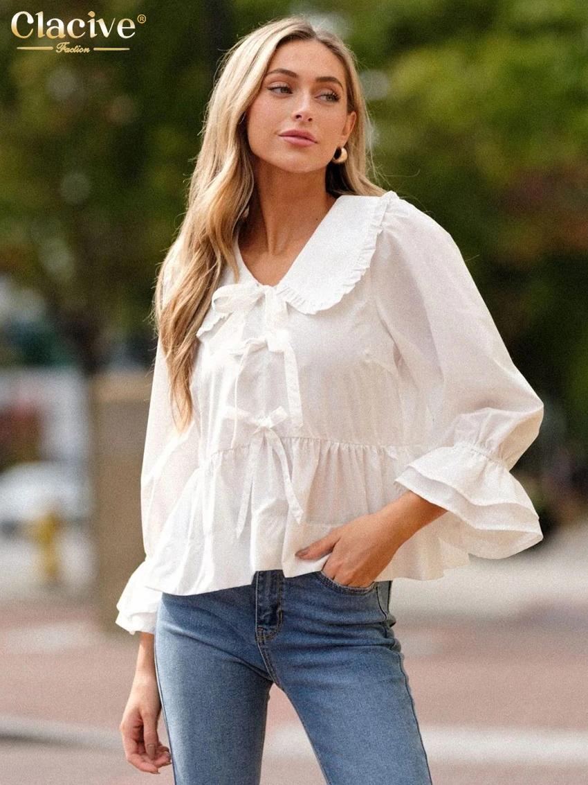 

Clacive Casual Loose White Cotton Women's Shirt Elegant Lapel Long Sleeve Lace-Up Ruffle Shirts Lady Top Female Clothing 2025