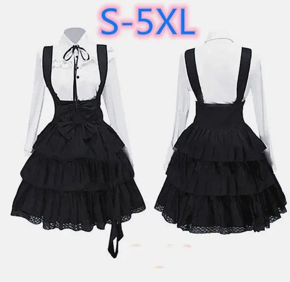 Klassisches Lolita-Kleid für Damen, Vintage-inspiriert, Damen-Outfits, Cosplay, Anime, Mädchen, schwarz, langärmelig, knielanges Hemdkleid