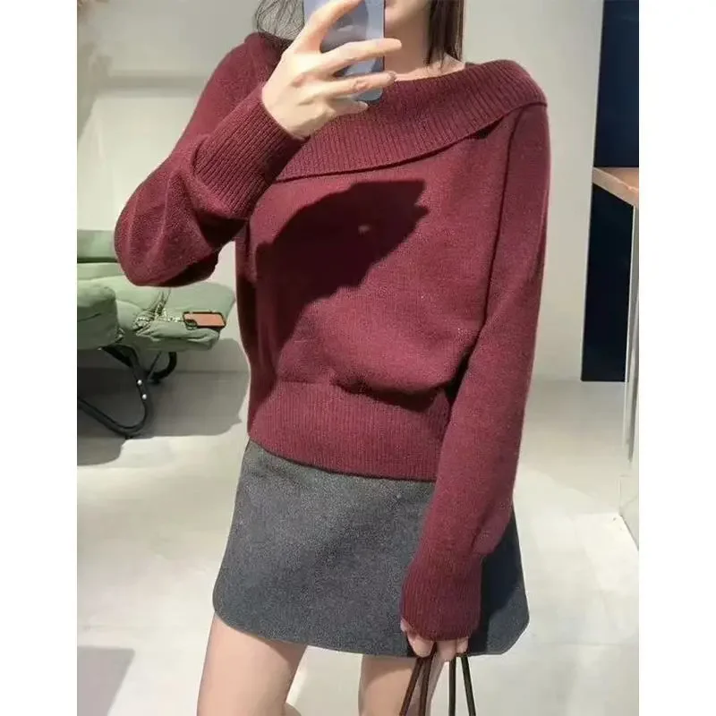 Womens Korean Off Shoulder Knit Sweater Soft Fluffy Long Sleeve Casual Pullover Autumn Winter