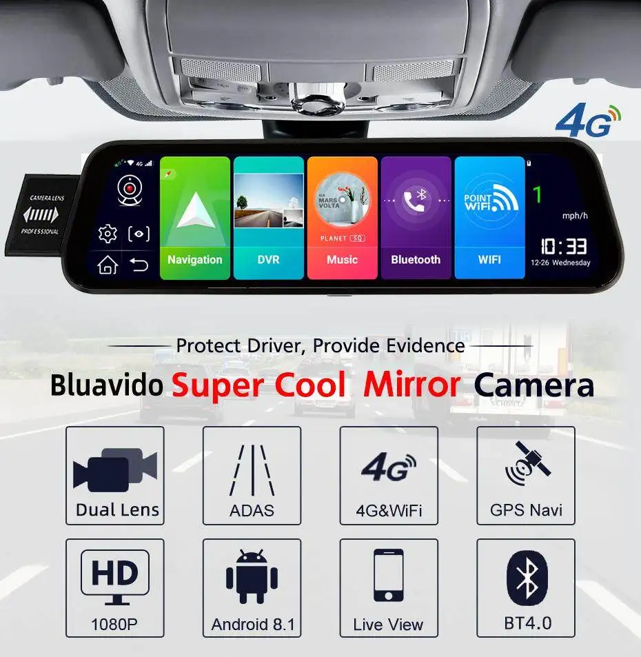 EKLEVA 10 Inch 4G Android 8.1 Car Rearview Mirror Dash Cam 2GB RAM 32GB ROM GPS ADAS WIFI FHD 1080P DVR Remote Control
