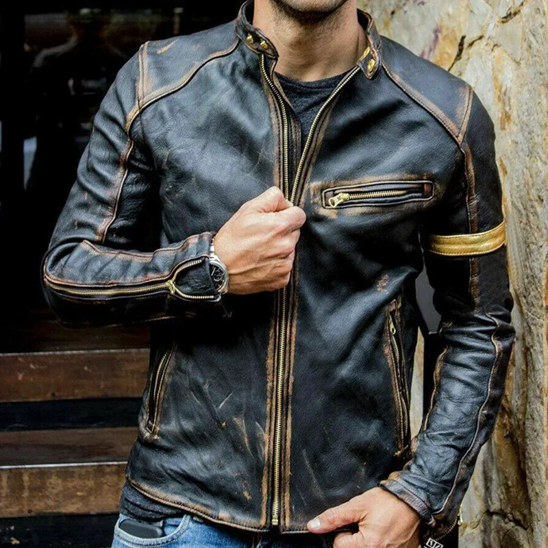 New Foreign Trade European And American Men's Leather Coat Men's Youth Standing Collar Punk Men's Motorcycle Leather Coat Jacket