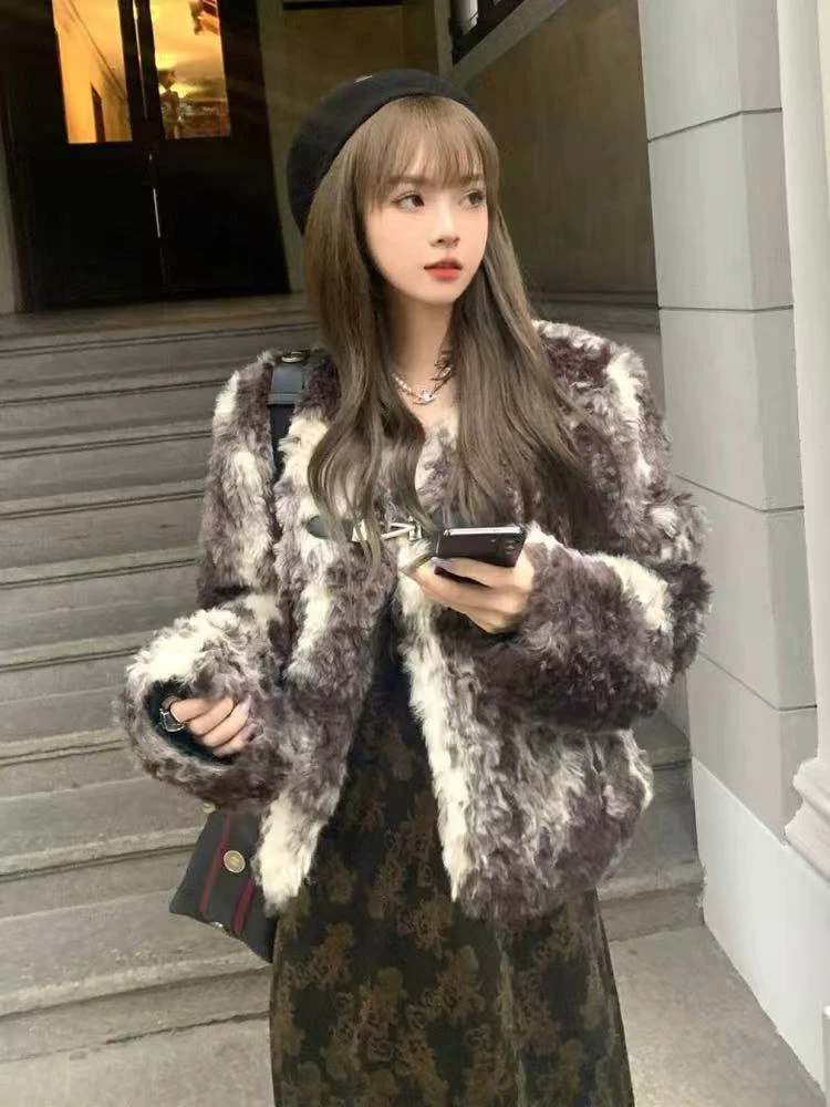 Faux Lamm Mantel Frauen Koreanische Lose Streetwear Alle Spiel Haarigen Pelz Crop Oberbekleidung Y2K Weibliche Herbst Winter Tie Dye Dicke Warme Mantel