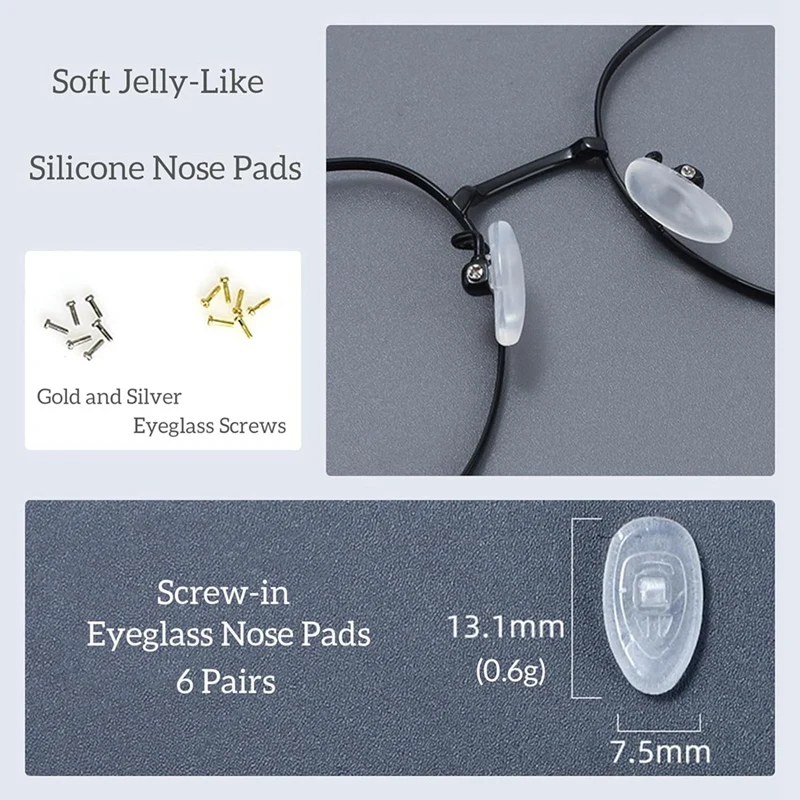 12 Pairs Of Soft Jelly-Like And Air Chamber Silicone Nose Pads Screw-In Glasses Nose Pads With Gold And Silver Screws Durable